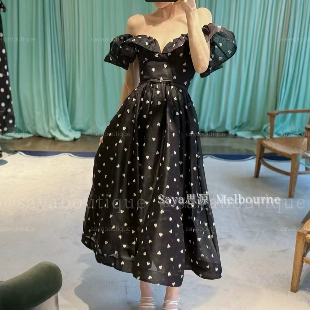 Zimmermann New Elegant Black Heart Print Off-Shoulder Dress Size 1